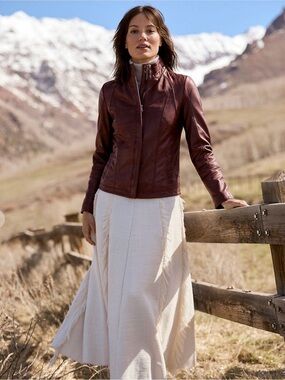 Overland Azura Classic Leather Jacket 100% Washed Lamb Leather Wine Red Medium